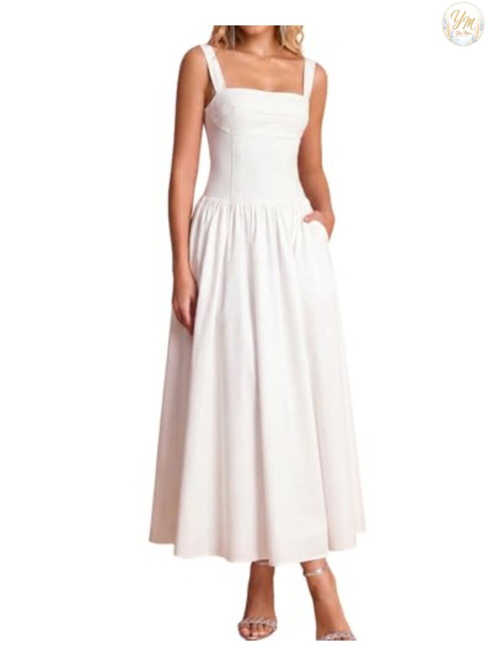 Women's Square Neck Corset Midi Dress Flowy A-Line Sleeveless Summer